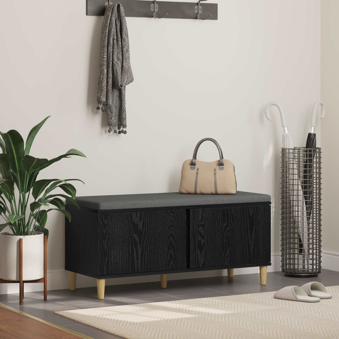 Hall Bench with Cushion with Storage Black Oak 100 x 38 x 46 cm