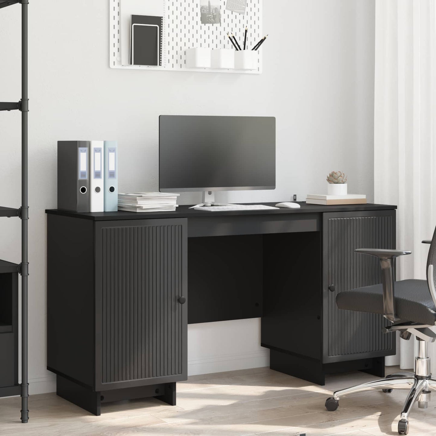 Desk Black Engineered Wood 142.5 x 50 x 75 cm