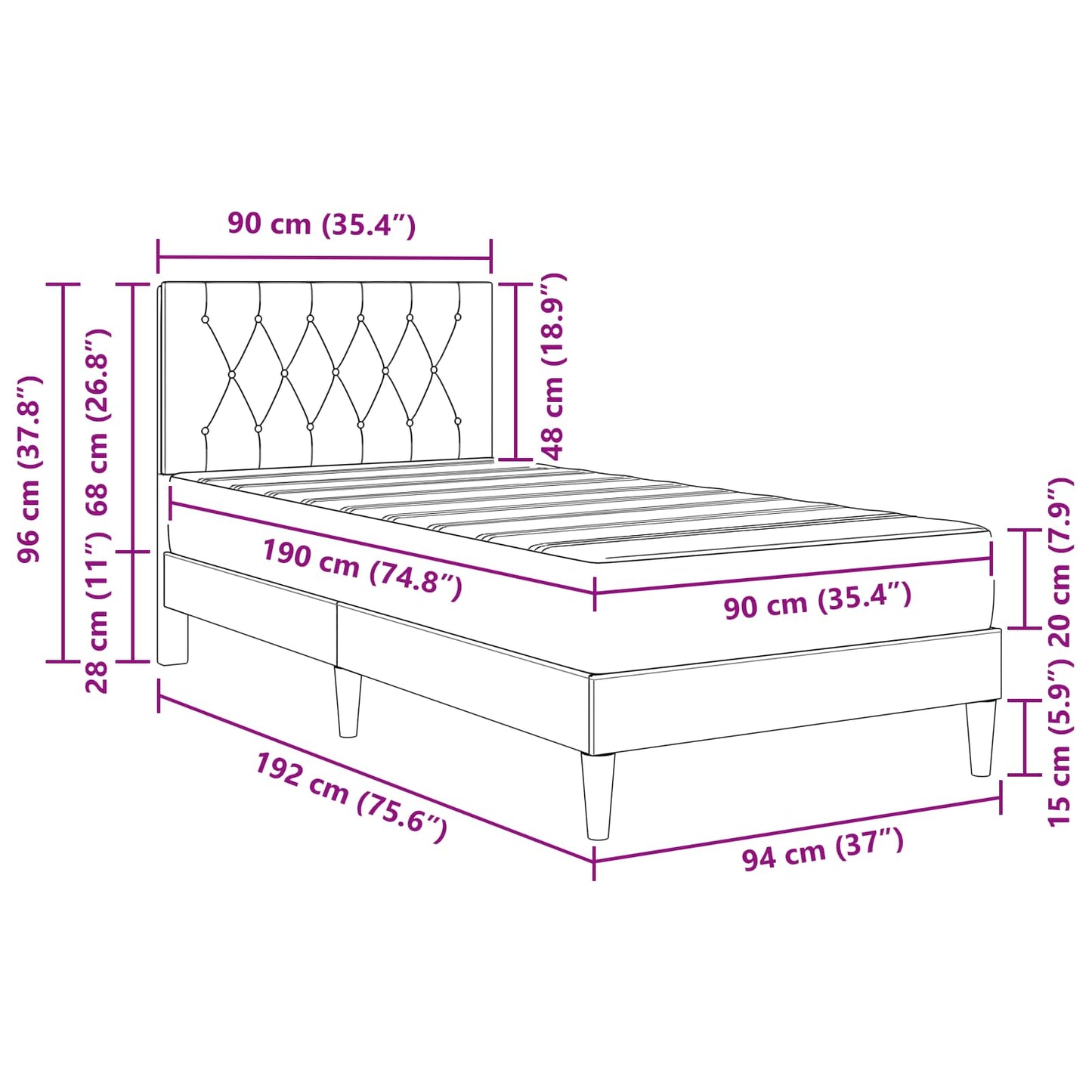 Bed Frame with Mattress Light Grey 90 x 190 cm Velvet