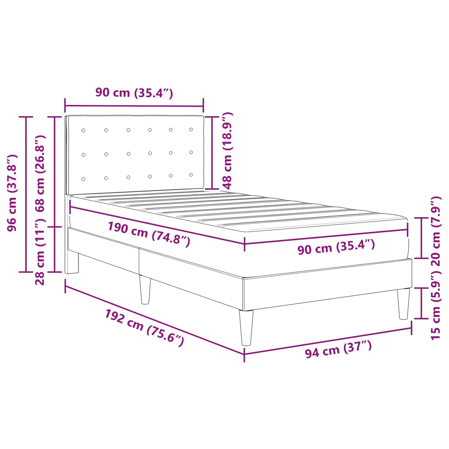 Bed Frame with Mattress with Headboard Black 90 x 190 cm Fabric