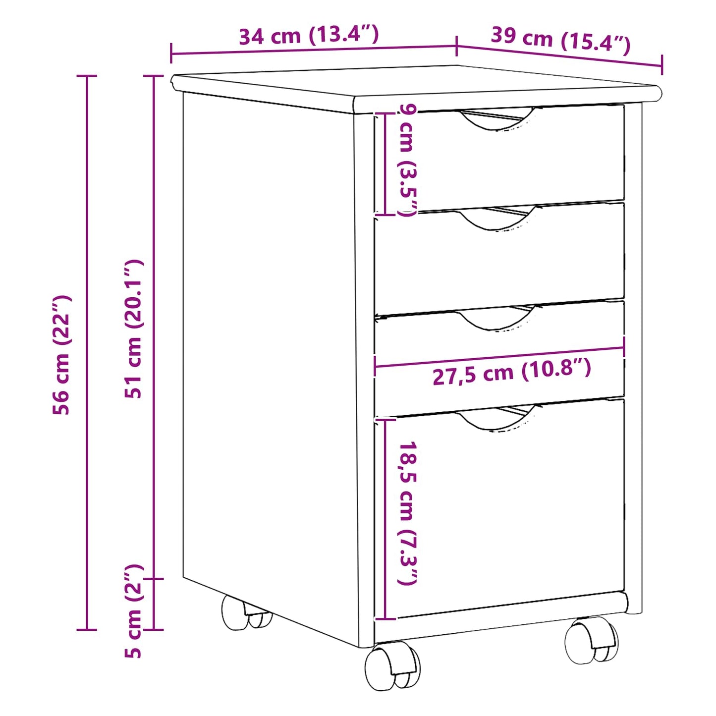 Rolling Cabinet White 34 x 39 x 56 cm Solid Pine Wood