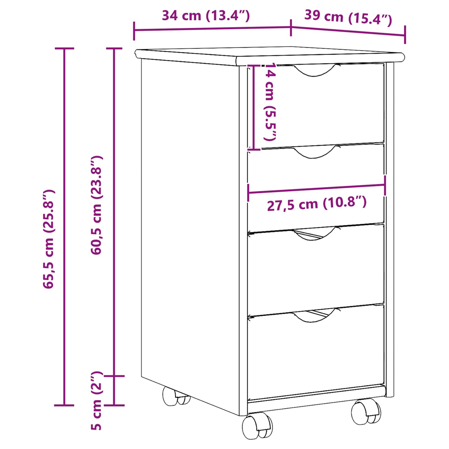 Rolling Cabinet 34 x 39 x 65.5 cm Solid Pine Wood Honey Brown