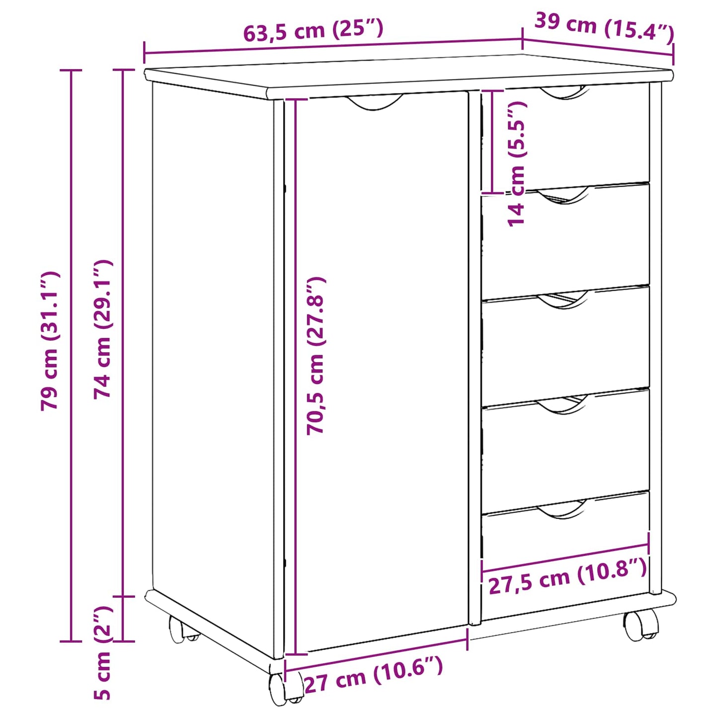 Rolling Cabinet 63.5 x 39 x 79 cm Solid Pine Wood White