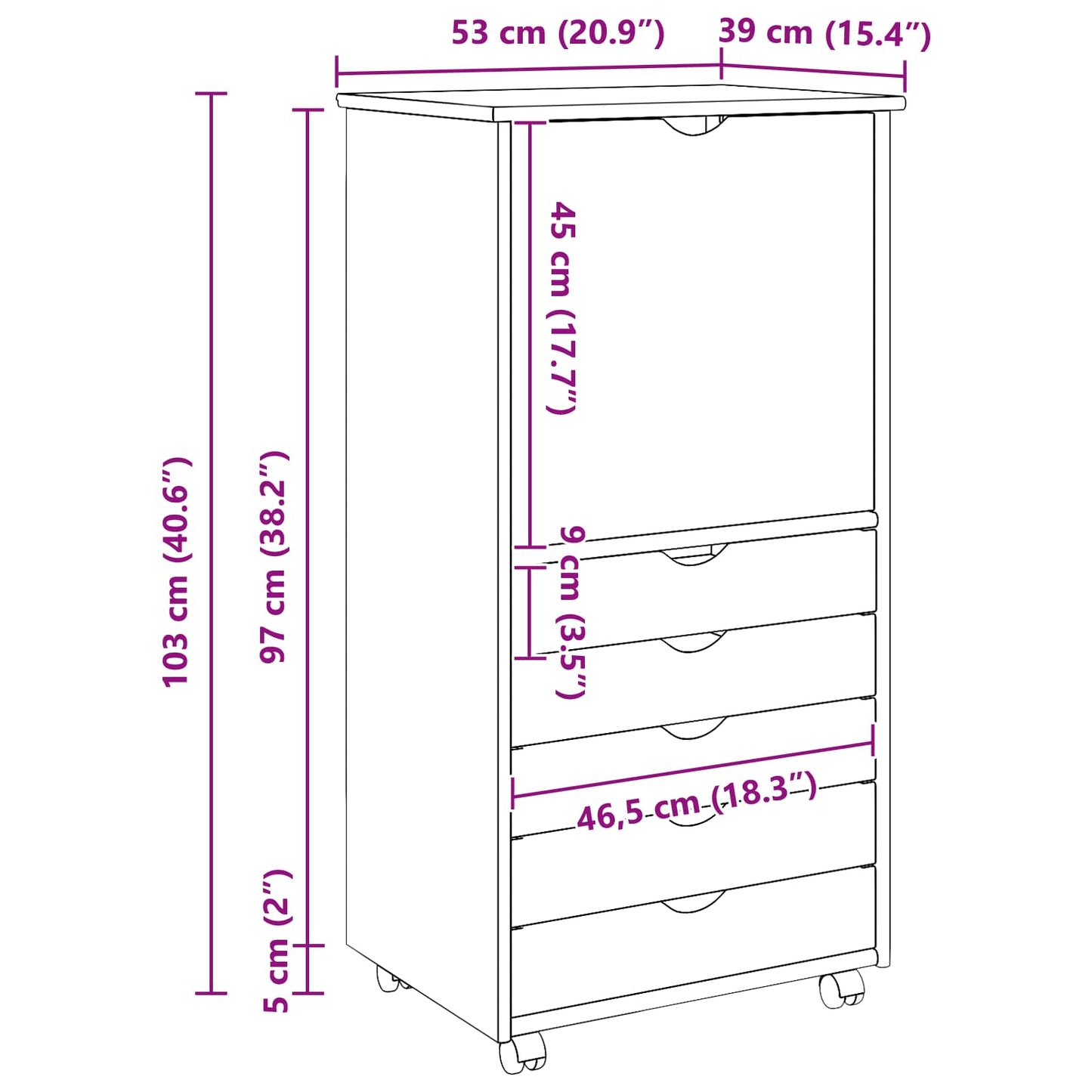 Rolling Cabinet 53 x 39 x 103 cm Solid Pine Wood White