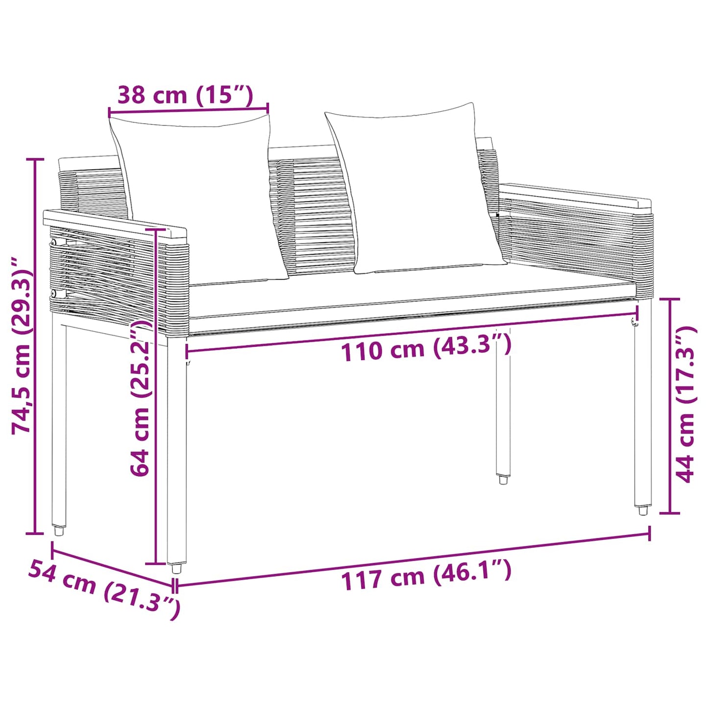 Outdoor Bench 2 -Seater 117 x 54 x 74.5 cm Poly Rattan