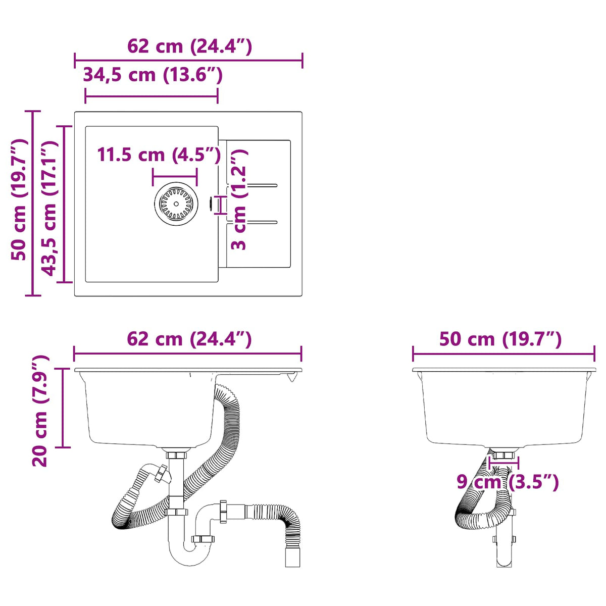 Sink White 620 x 500 mm 80% Quartz and 20% Resin