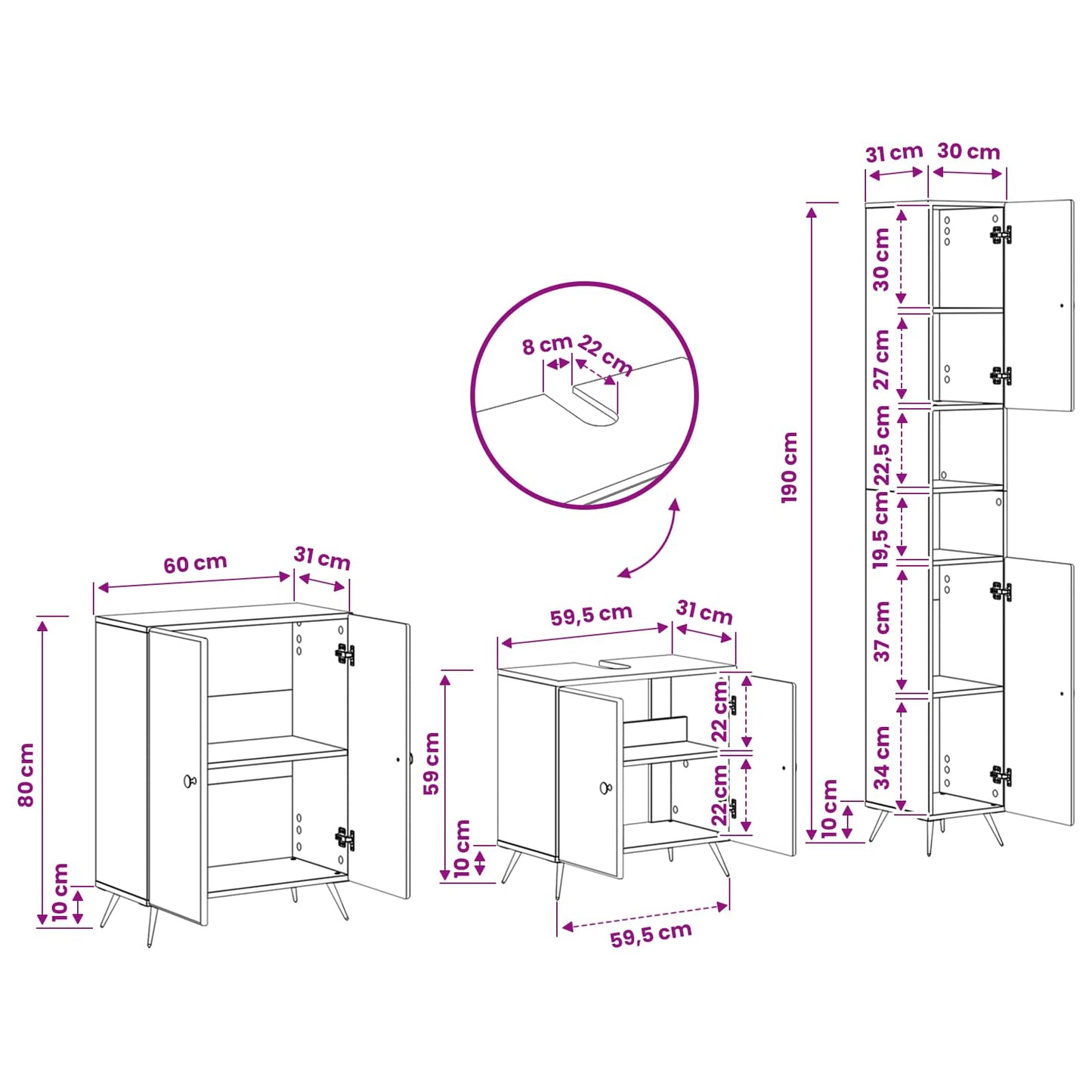 3 Piece Bathroom Cabinet Set BREDA High Gloss White