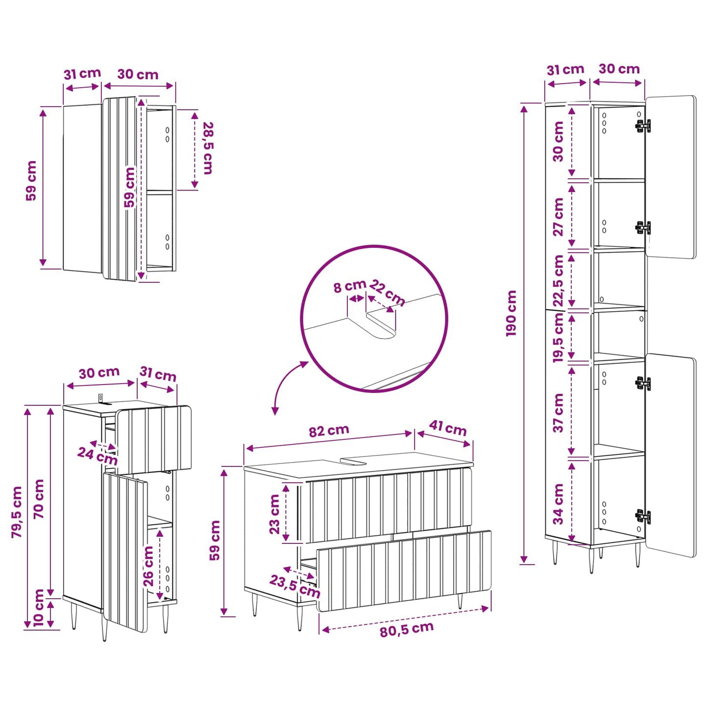 4 Piece Bathroom Cabinet Set ZWOLLE Concrete Grey