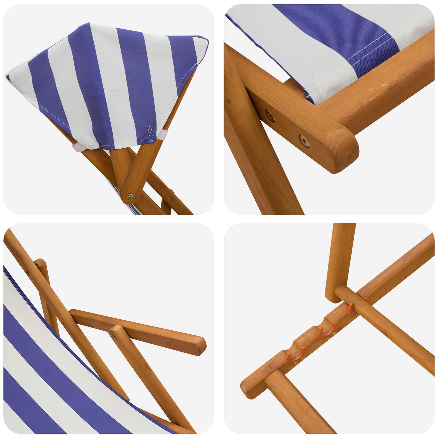 Deck Chair 3 Position Solid Eucalyptus Wood Blue and White
