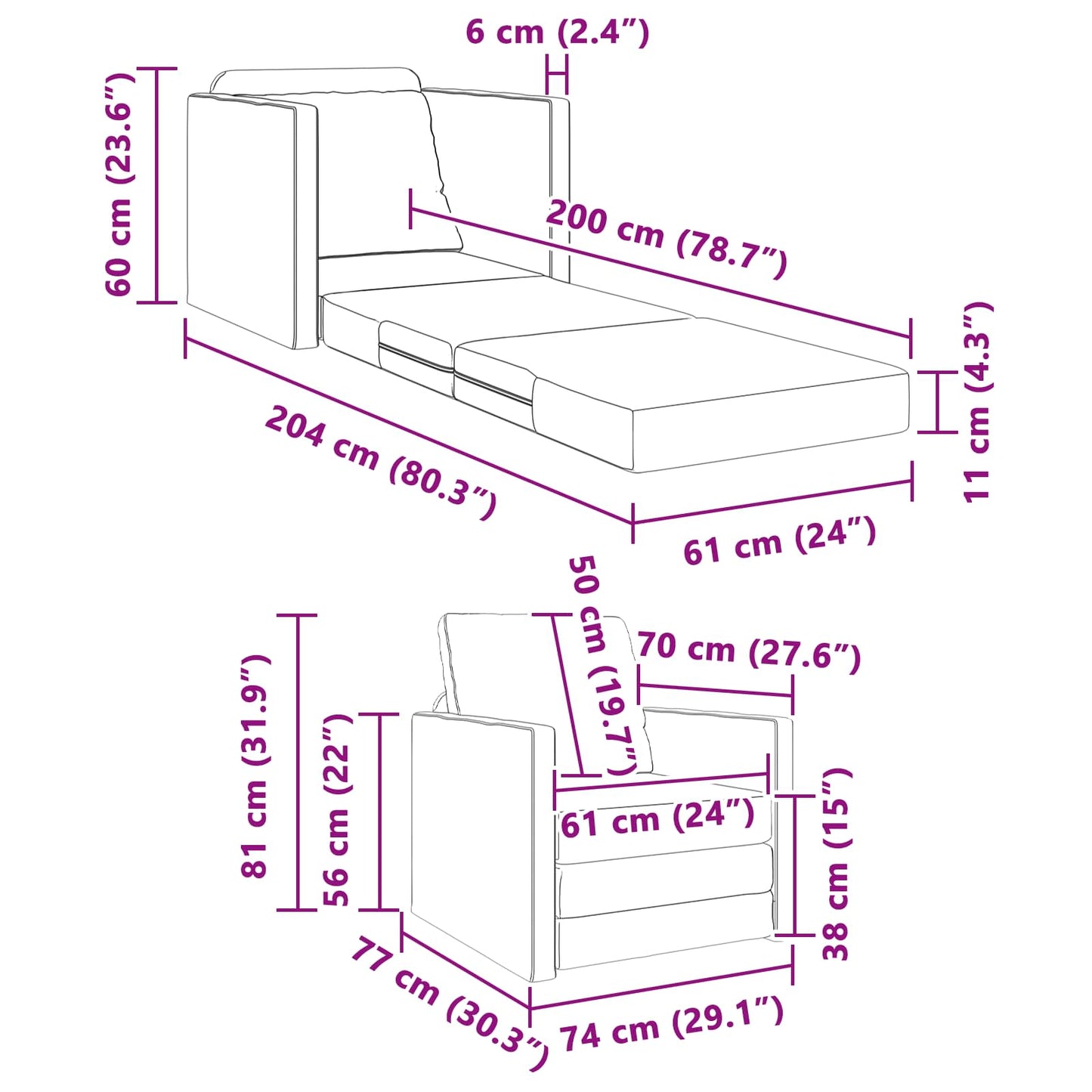 Folding Sofa Bed Black 74 x 77 x 81 cm Velvet