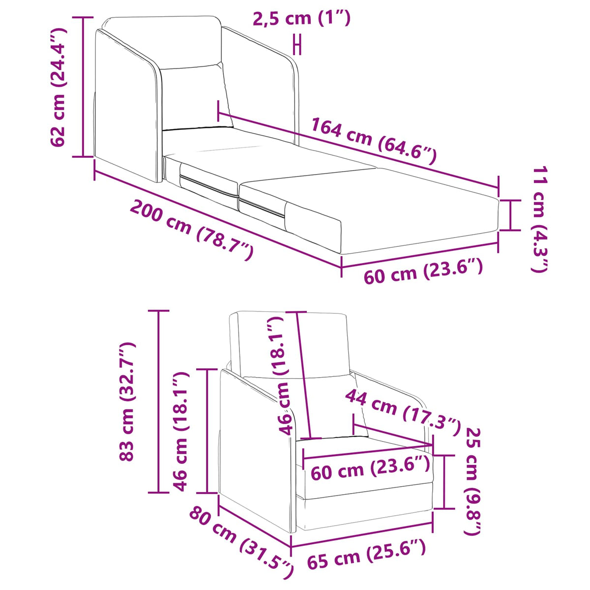Folding Sofa Bed Dark Grey 65 x 80 x 83 cm Fabric