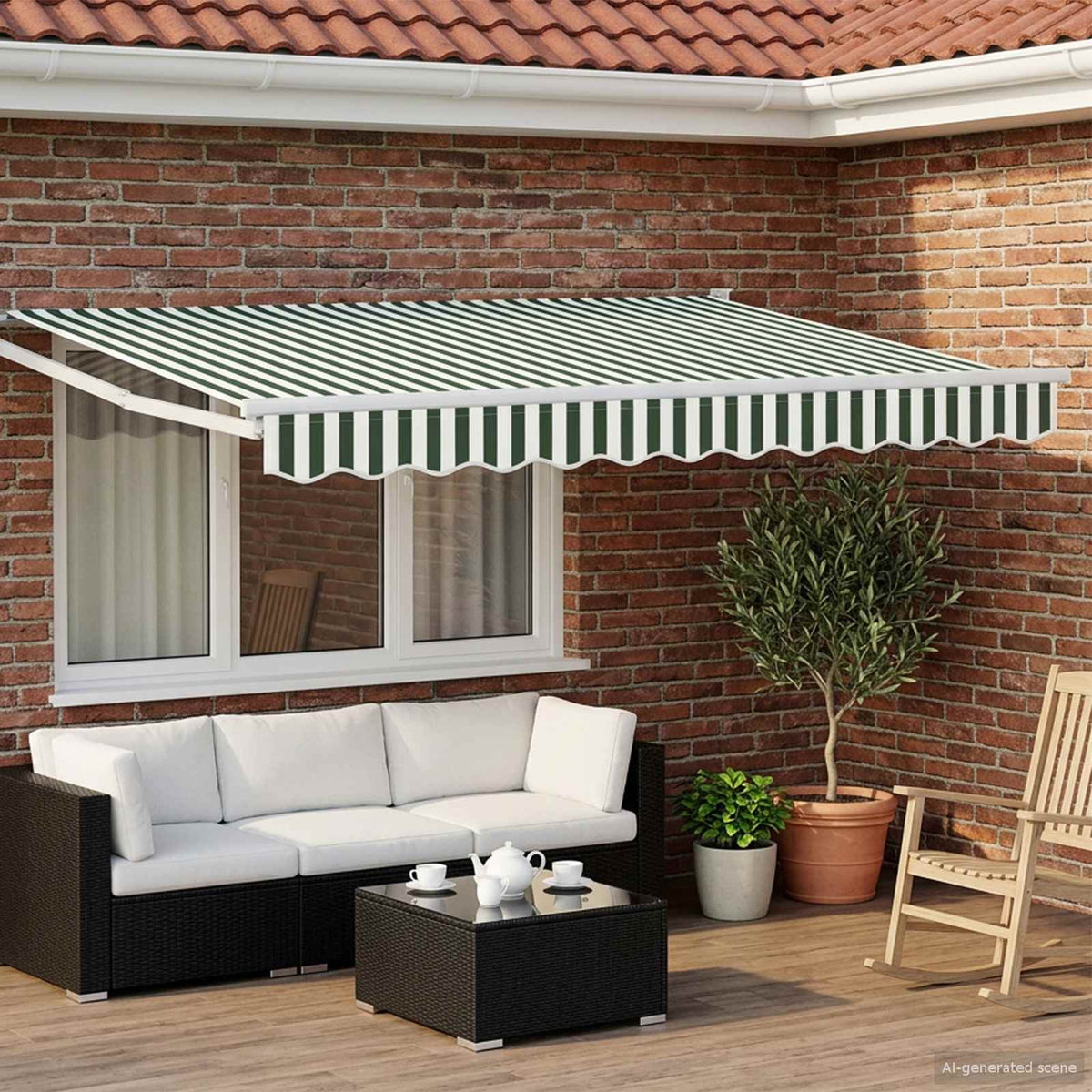 Manual Awning with Solar LED 3 x 2.5 m Green and White Stripe