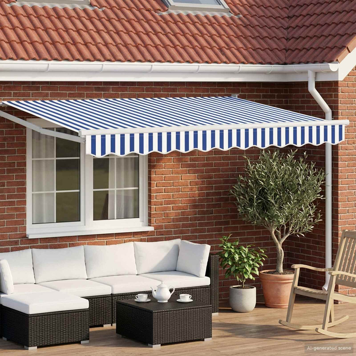 Manual Awning with Solar LED 3.5 x 2.5 m Blue and White Stripe