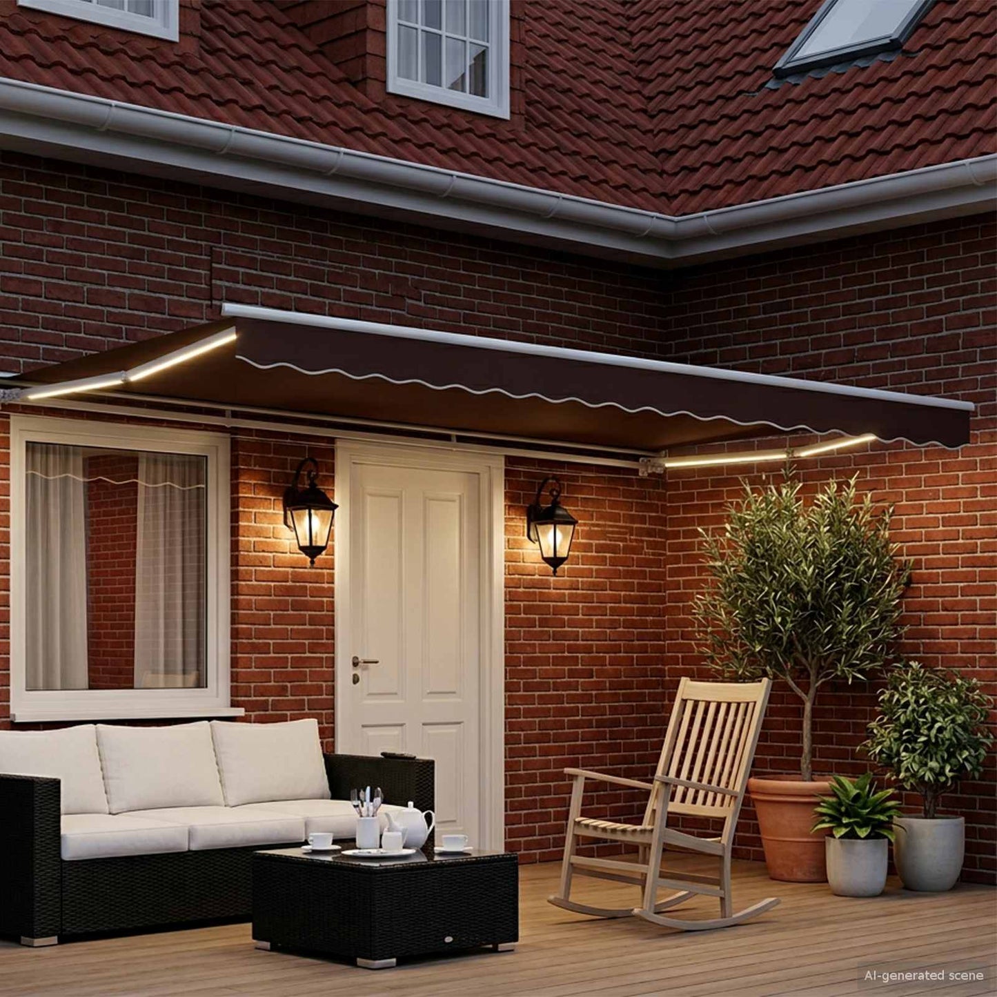 Manual Awning Frame with LEDs Brown and White 5 x 3 m
