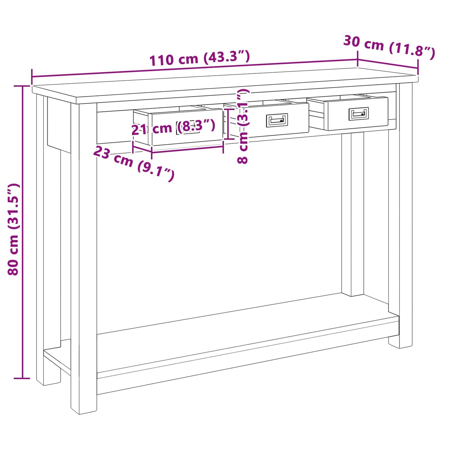 Console Table Natural 110 x 30 x 80 cm Solid Teak Wood