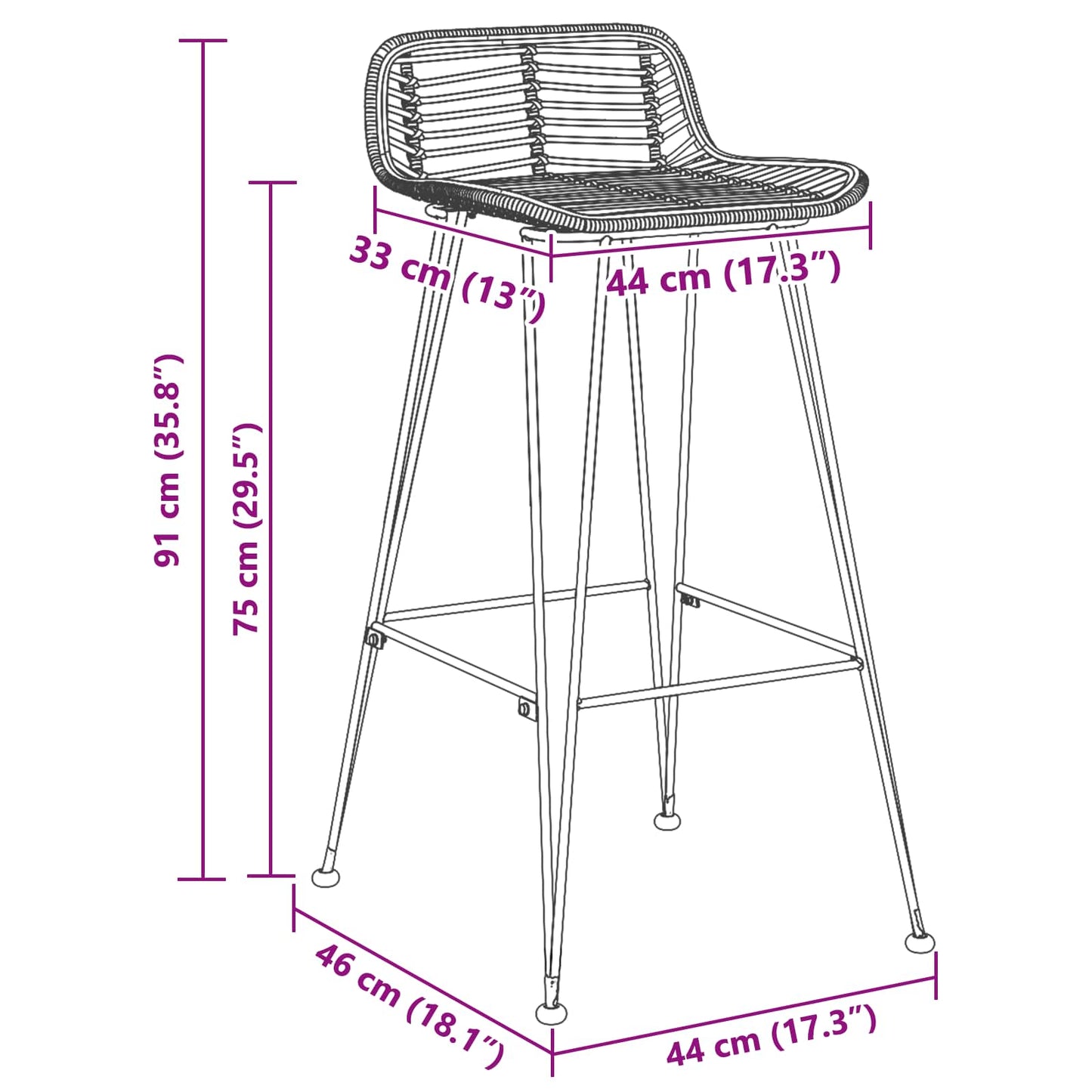 Bar Stool 2 pcs Black 44 x 46 x 91 cm Rattan and Steel