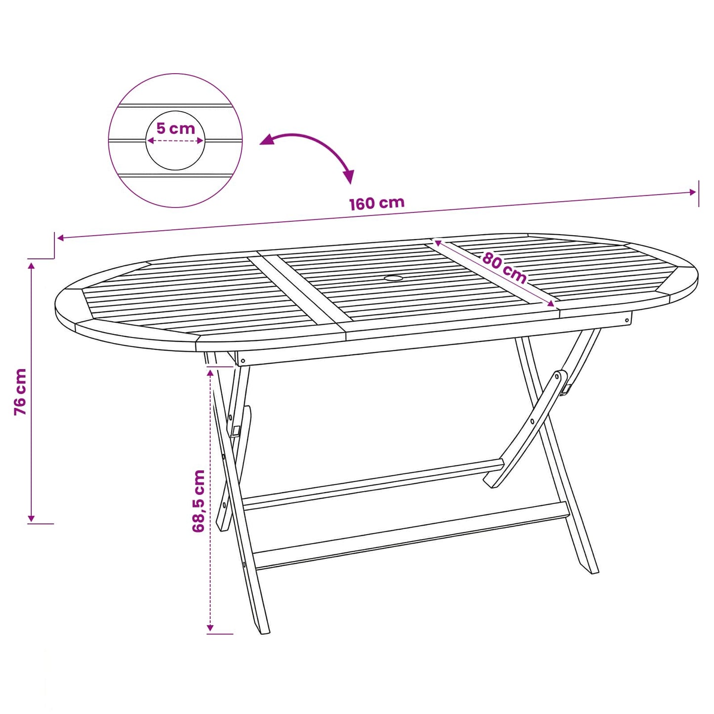 Folding Garden Table Natural 160 x 80 x 76 cm Solid Teak Wood