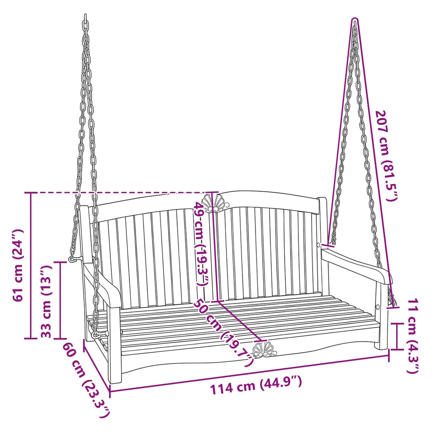 Swing Bench 114 x 60 x 60.5 cm Solid Teak Wood Natural