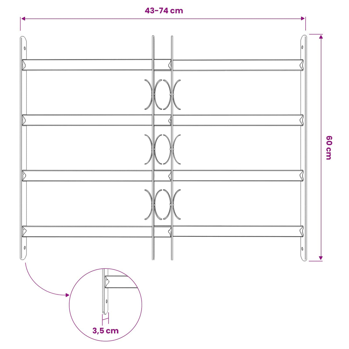 Security Grille for Windows with 4 Crossbars 3 pcs 430-740 mm