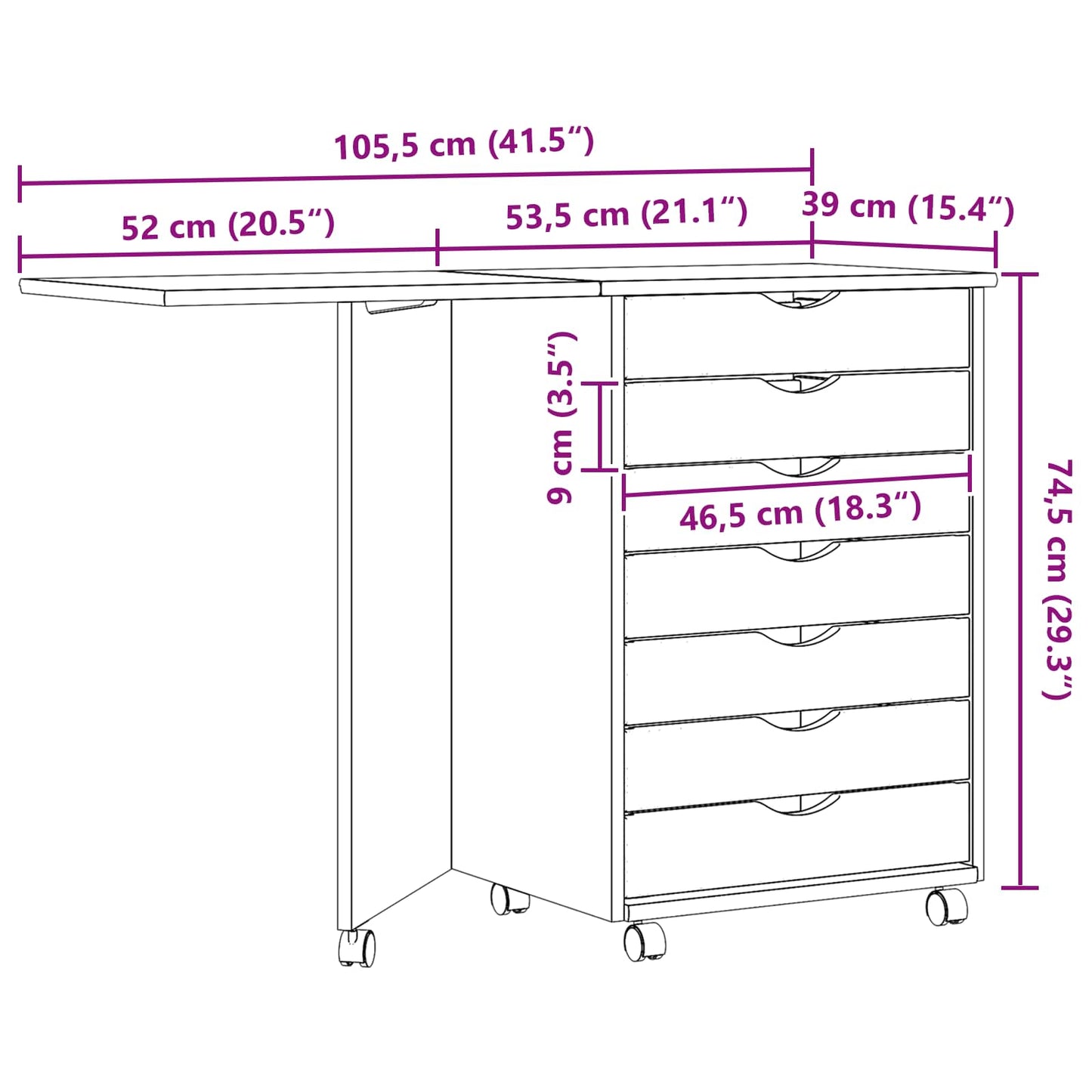 Rolling Cabinet with Desk MOSS Clear Varnish Solid Pine wood