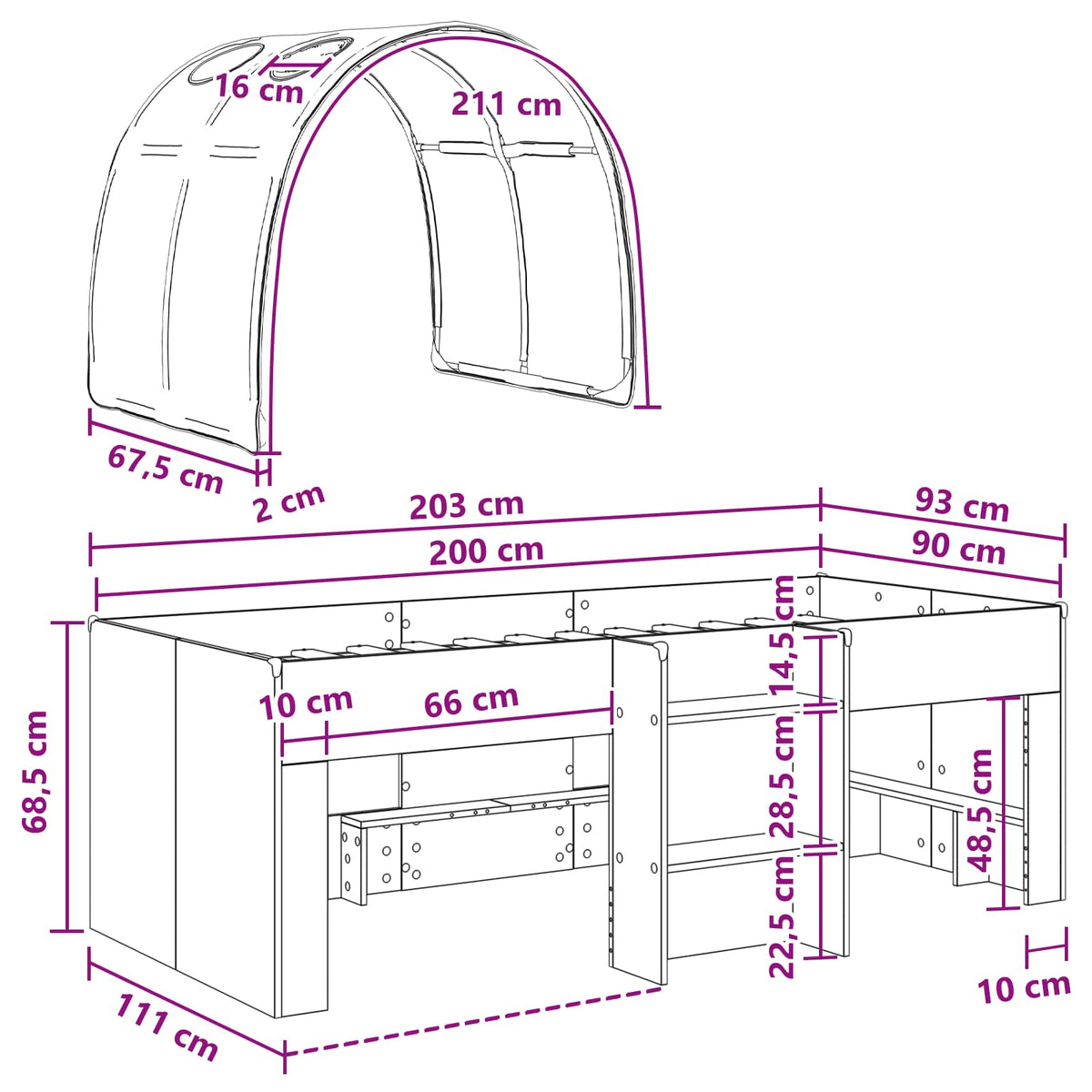 Kids'High Bed Frame with Tunnel 3 pcs White and Black