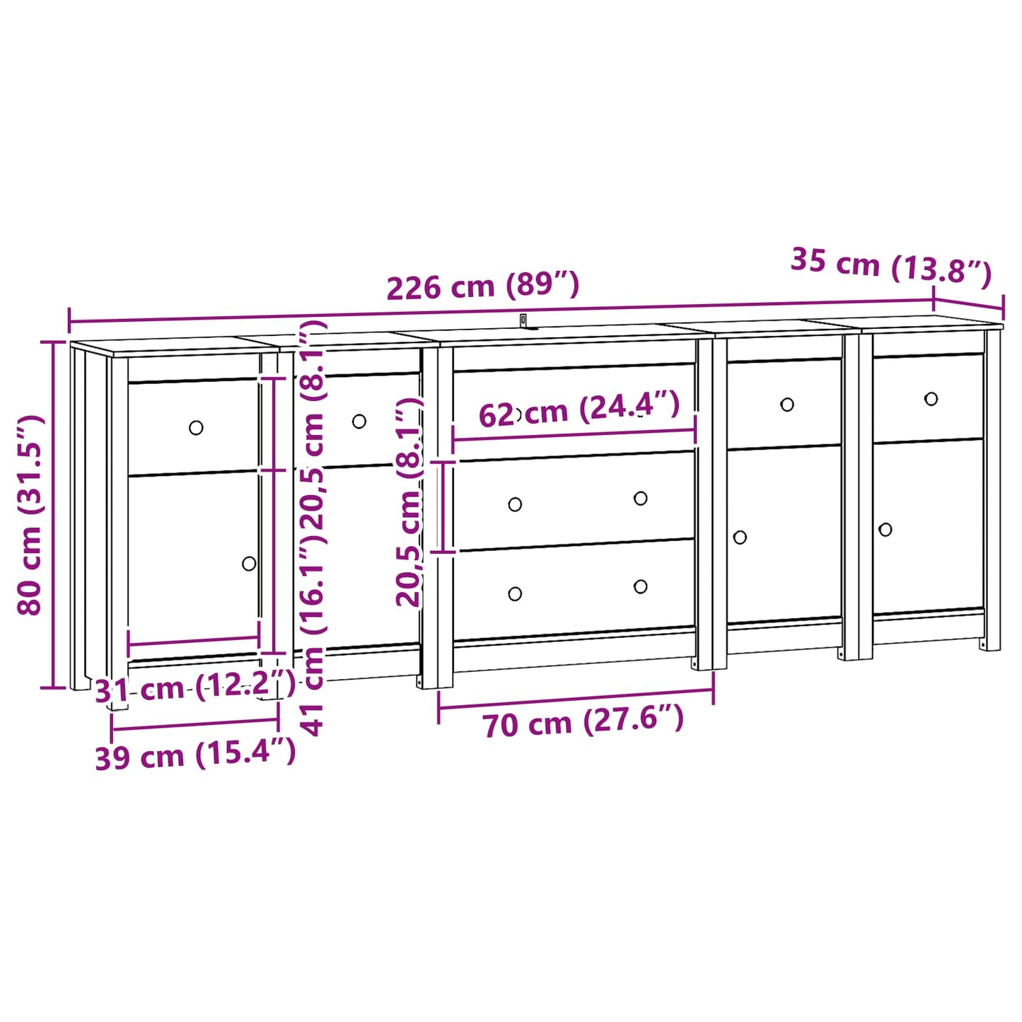 Sideboard 5 pcs Wax Brown 226 x 35 x 80 cm Solid Pine Wood