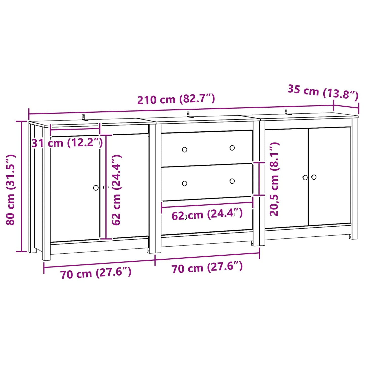 Sideboard 3 pcs Wax Brown 210 x 35 x 80 cm Solid Pine Wood