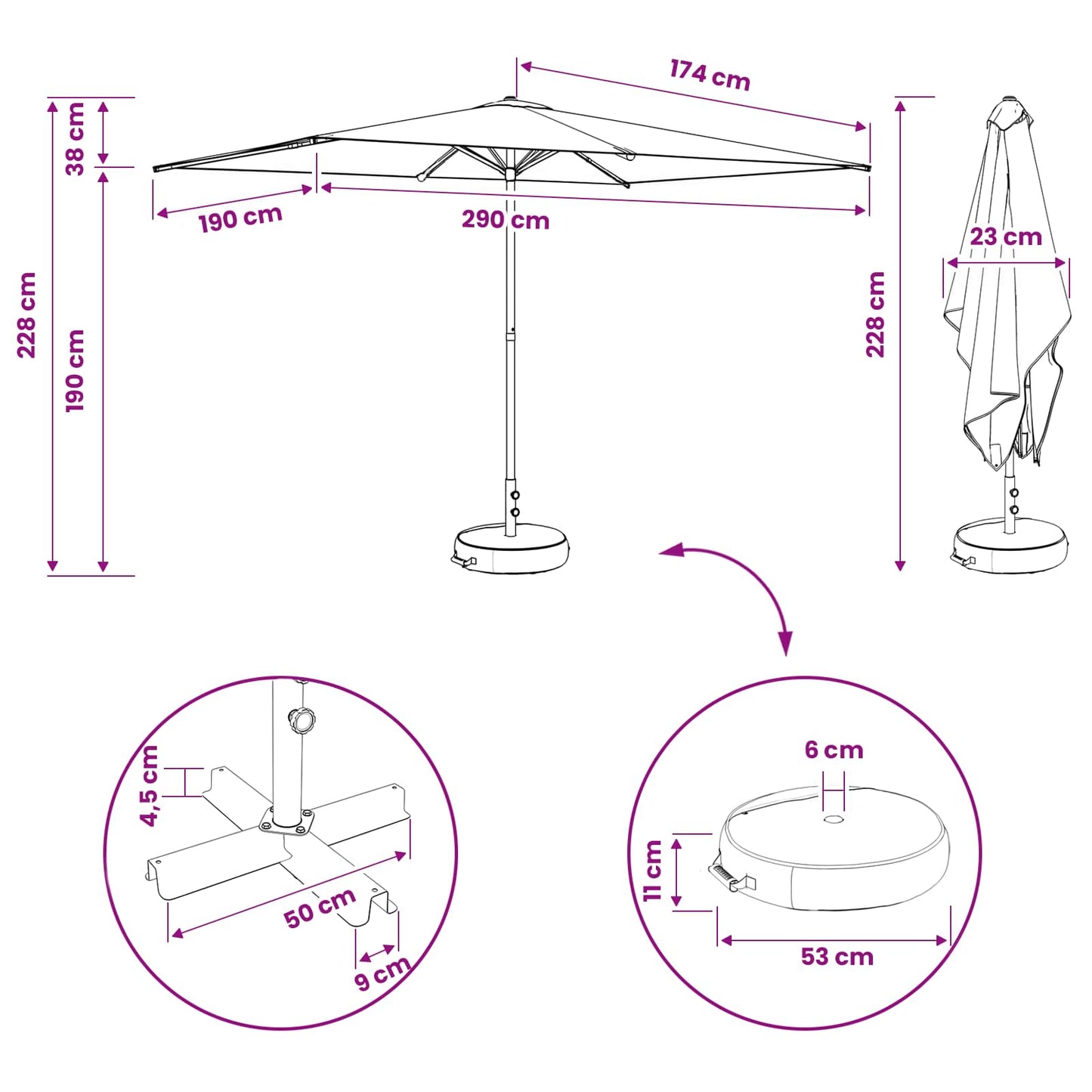 Garden Parasol with Base 200 x 300 cm Polyester Rectangular