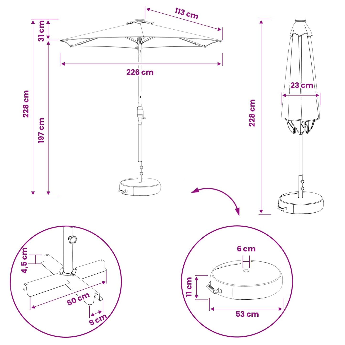 Garden Parasol with LED Lights and Base 230 x 230 cm Polyester
