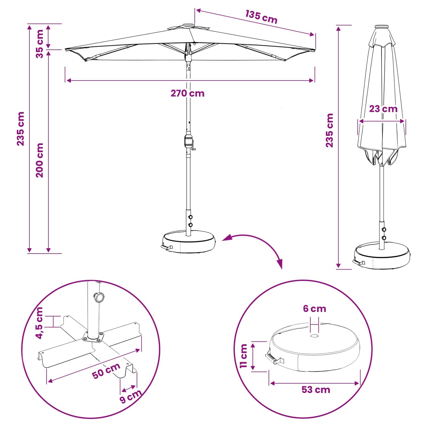 Garden Parasol with LED Lights and Base 270 x 270 cm Polyester