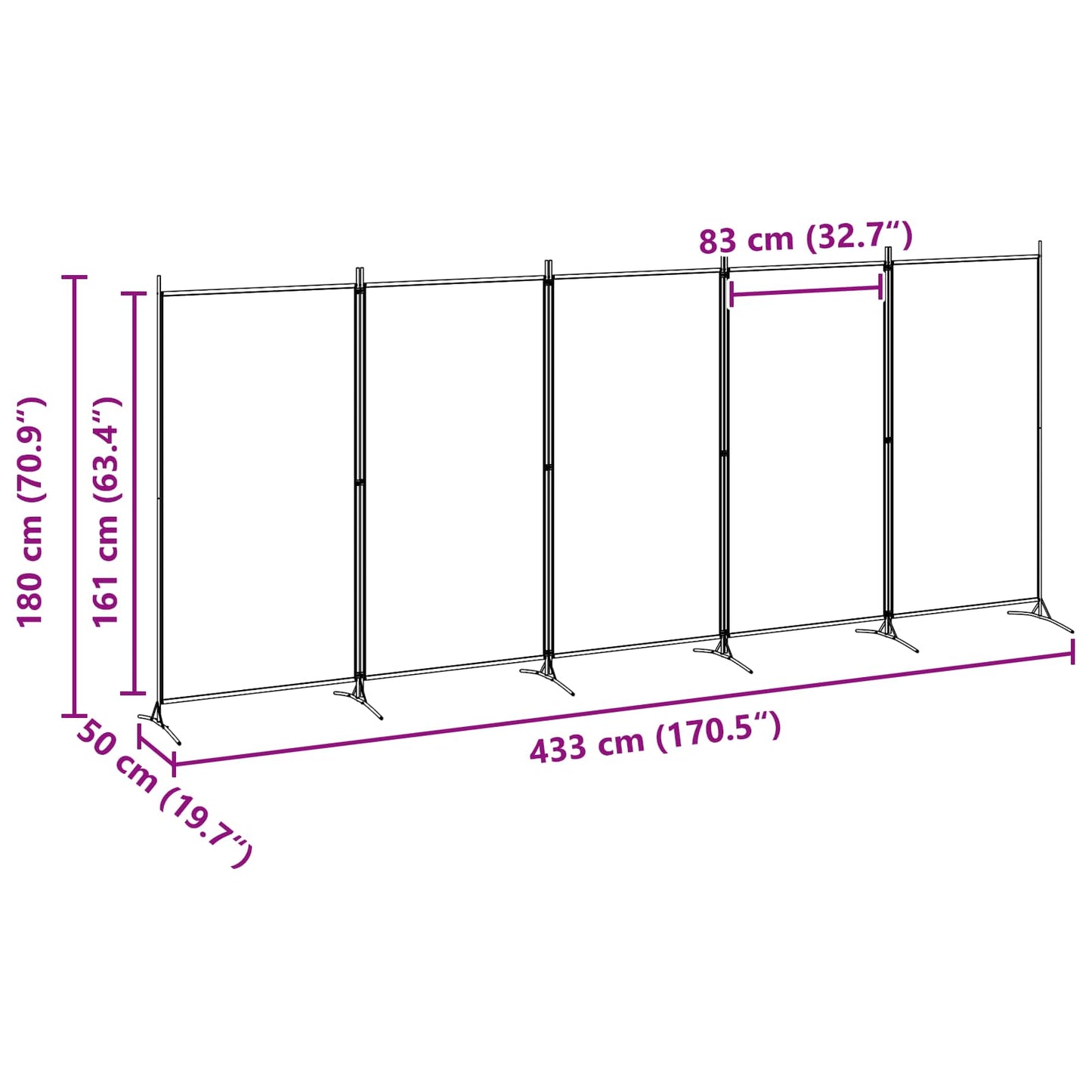 5-Panel Room Divider Beige 433 x 180 cm Fabric