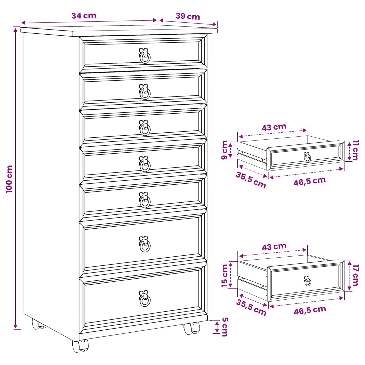 Rolling Cabinet with Drawers CORONA White