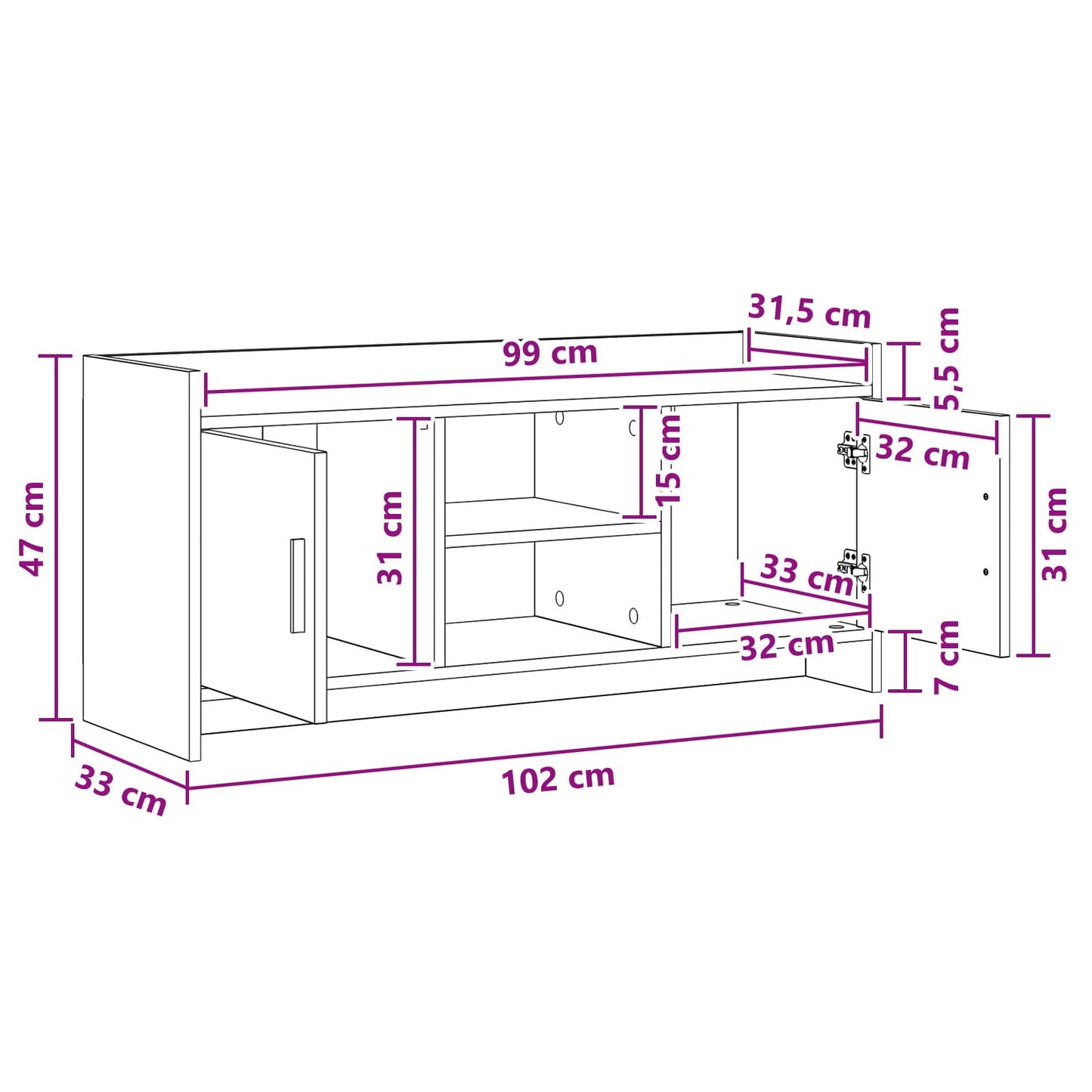 TV Cabinet 102 x 33 x 47 cm White Engineered Wood