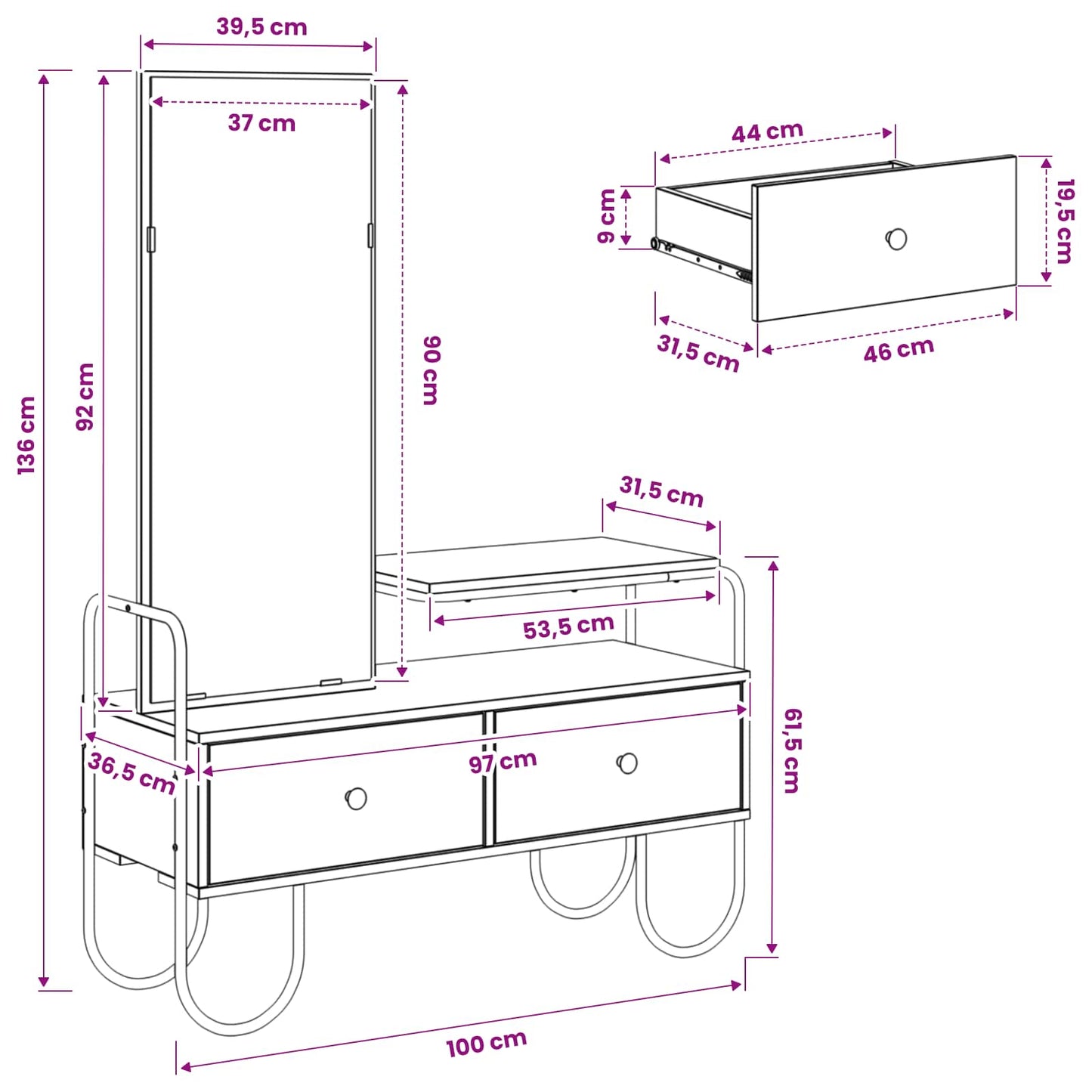 Dressing Table Black Oak 100 x 36.5 x 136 cm Engineered Wood
