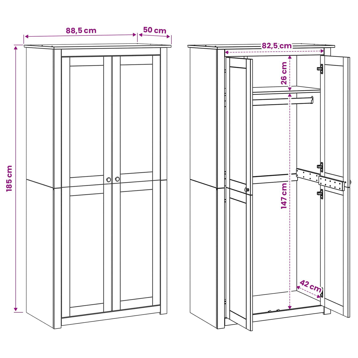Wardrobe PANAMA Honey 88.5 x 50 x 185 cm Solid Pine Wood