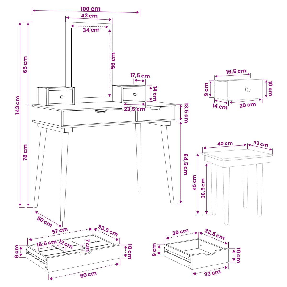 Dressing Table Set FAUSKE 5 pcs White 100 x 50 x 143 cm