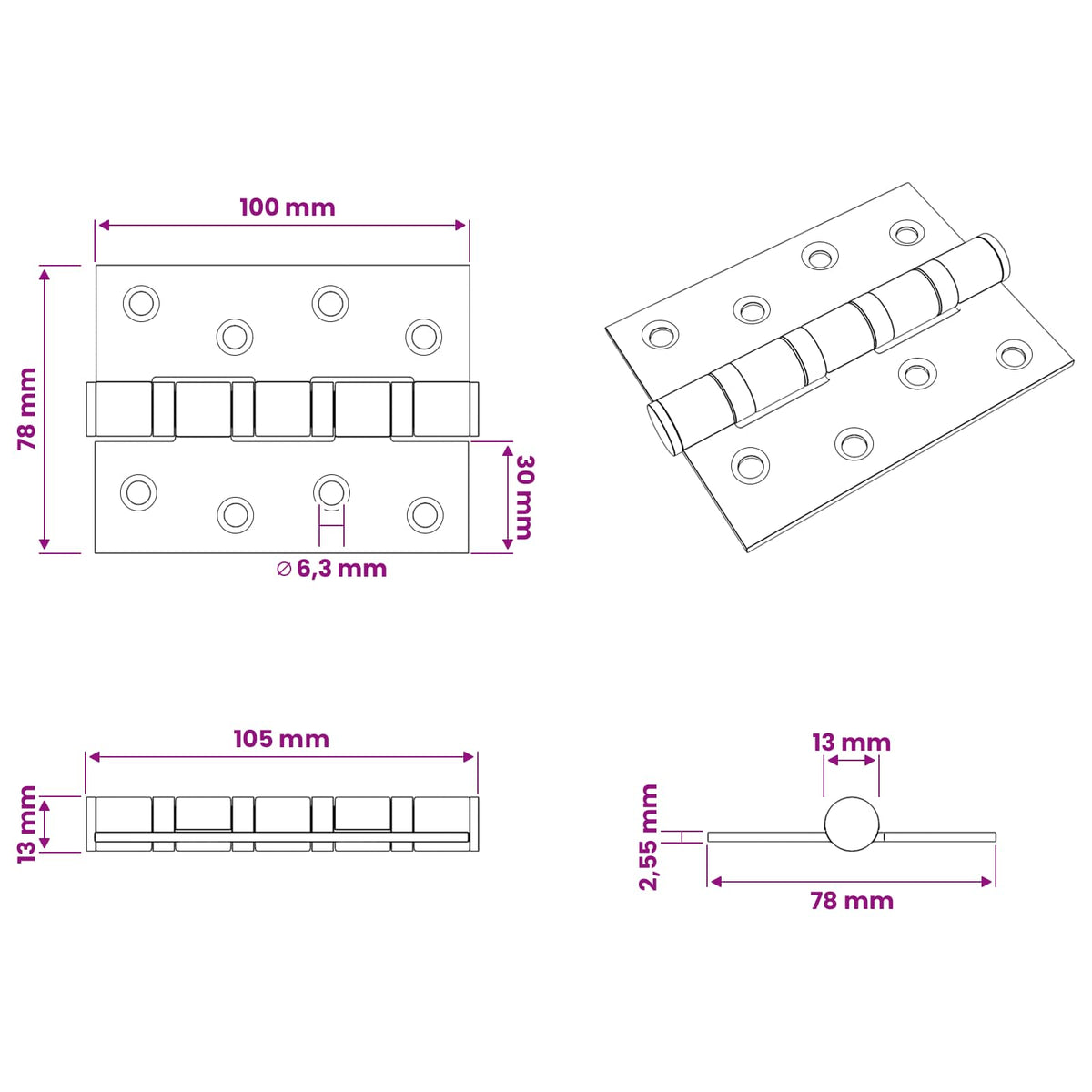 Hinge 8 pcs 105 x 78 x 13 mm Silver Steel