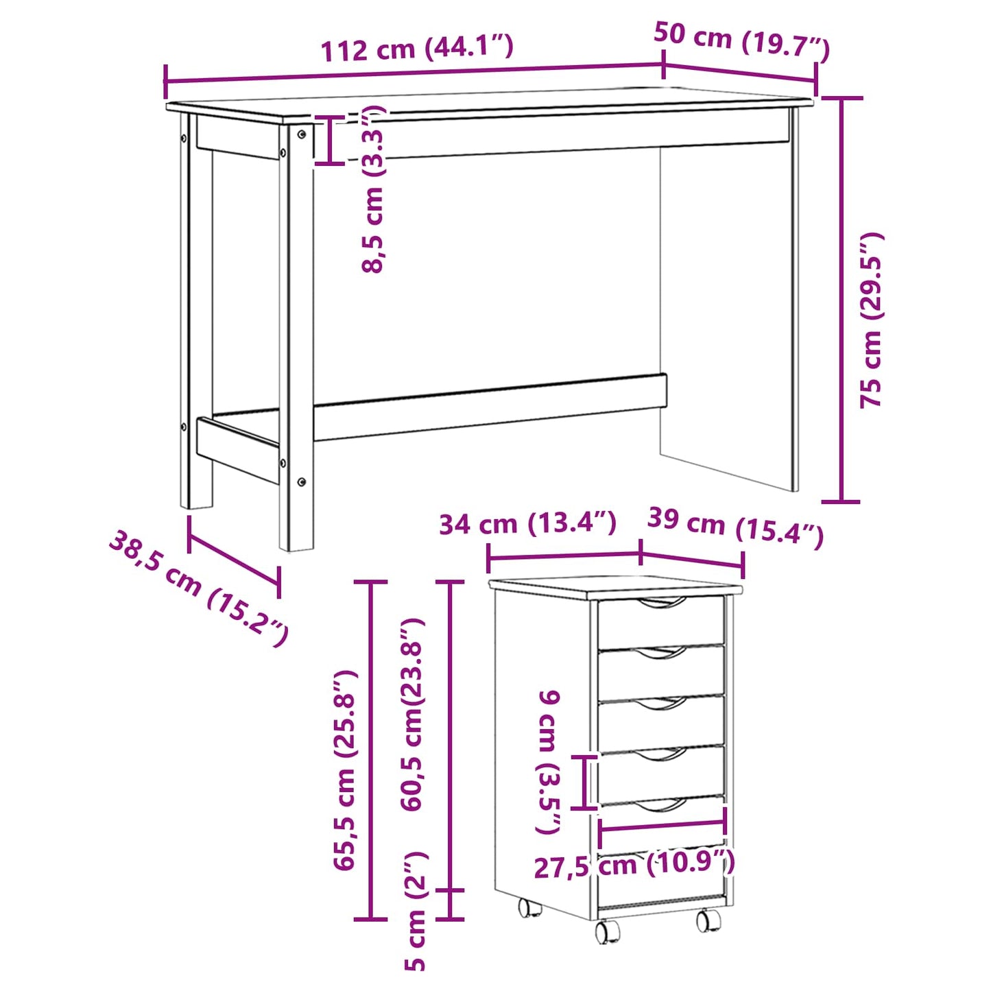Desk and Rolling Cabinet Set MOSS 2 pcs Grey