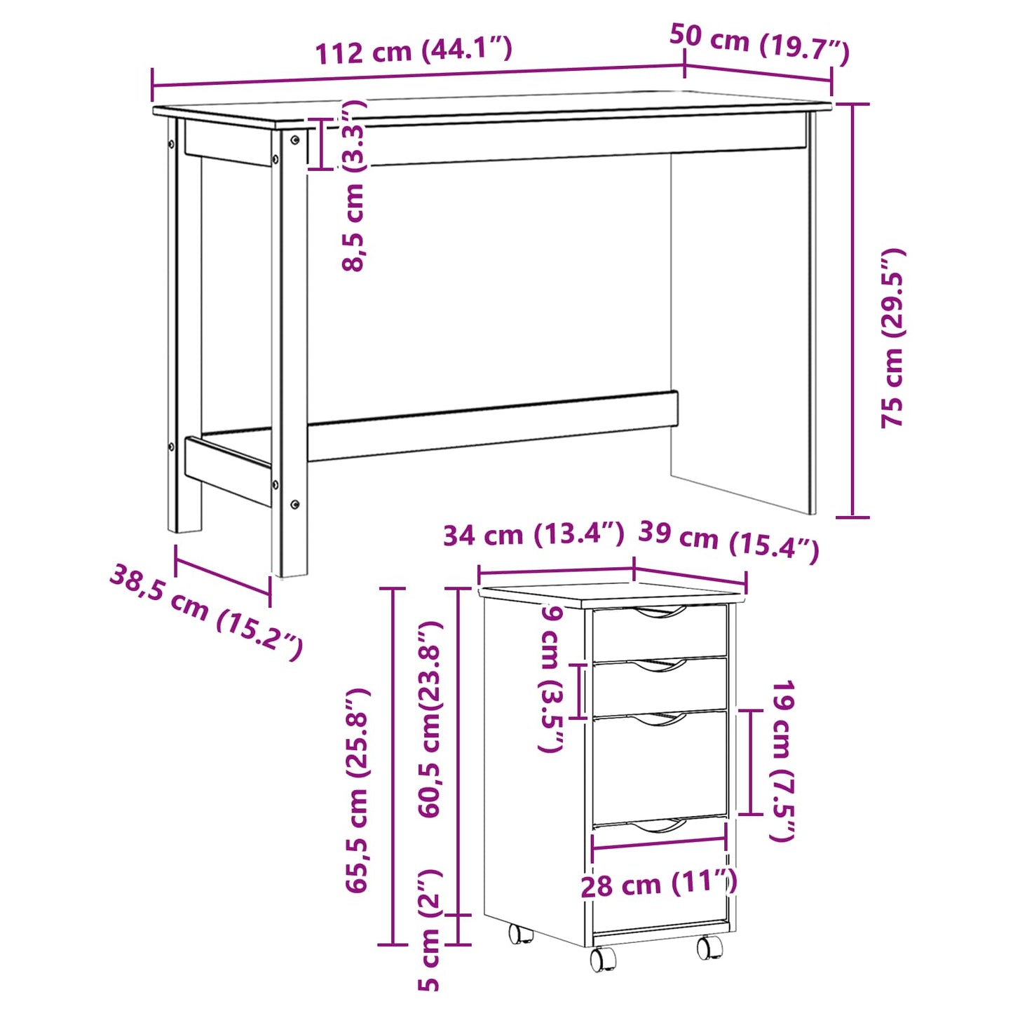 Desk and Rolling Cabinet Set MOSS 2 pcs Grey