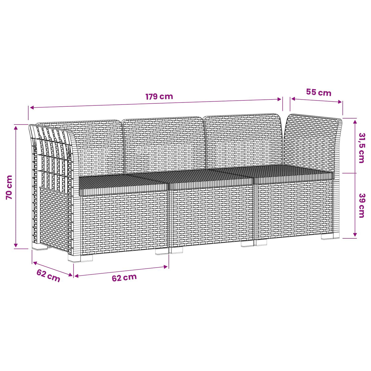 3-Seater Garden Sofa Rattan Look 3-Seater PP Anthracite