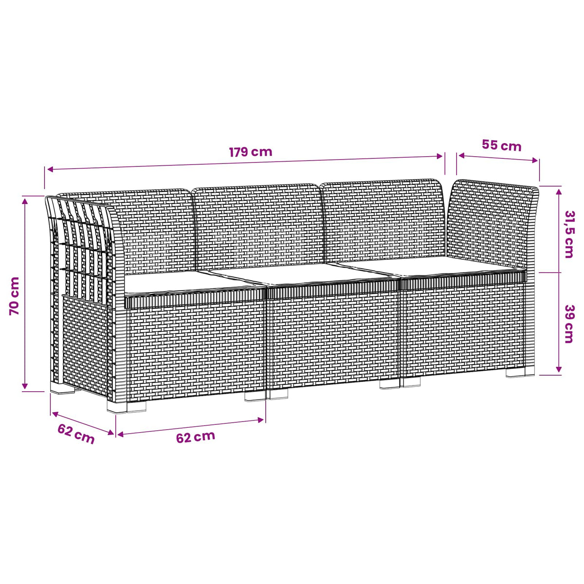 3-Seater Garden Sofa with Cushions Rattan Look 3-Seater PP