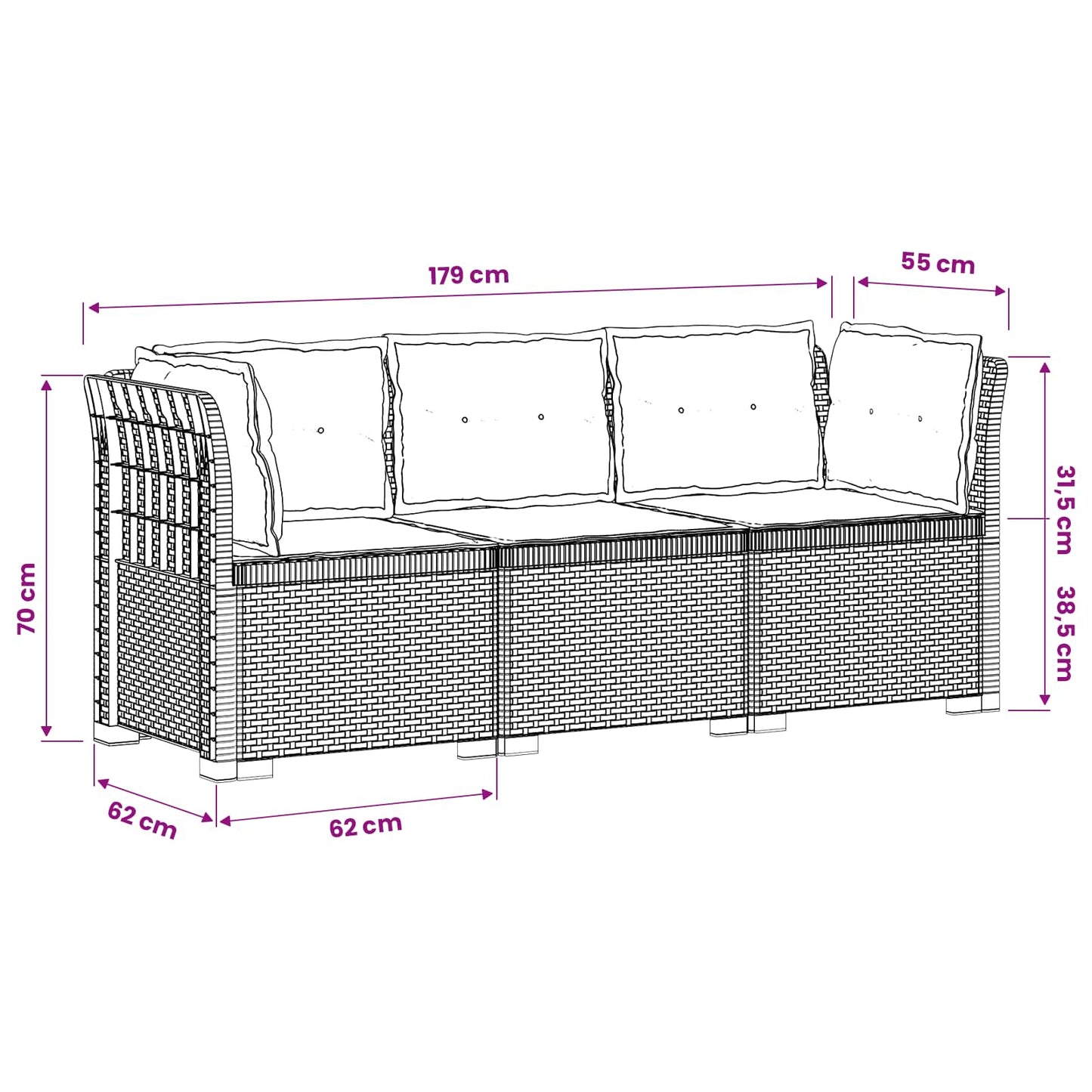 3-Seater Garden Sofa with Cushions Rattan Look PP Anthracite