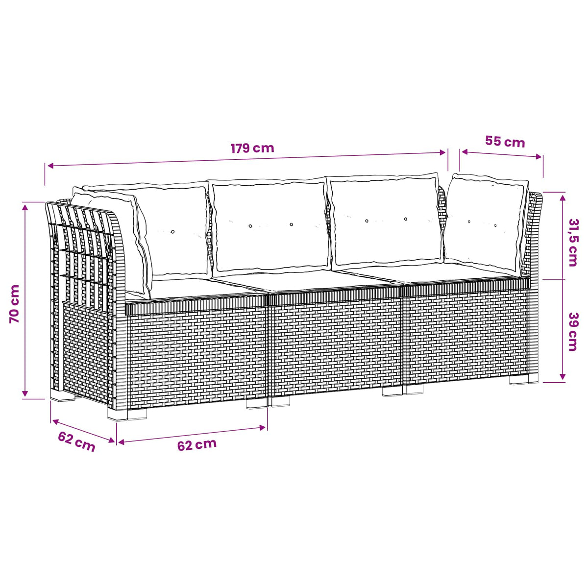 3-Seater Garden Sofa with Cushions Rattan Look 3-Seater PP