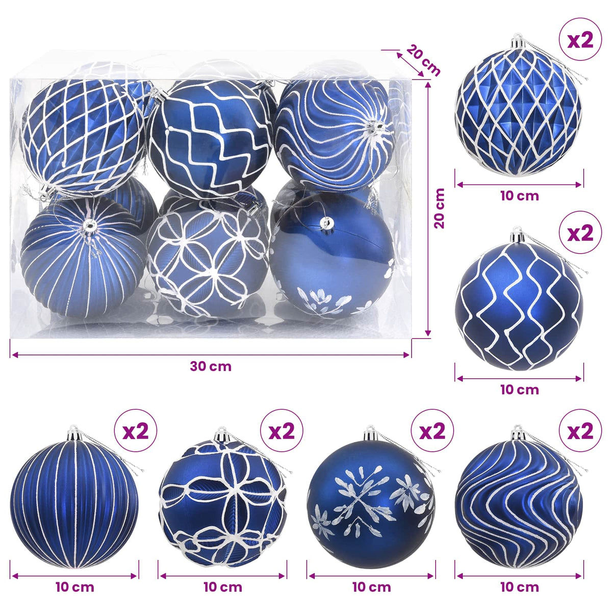 Christmas Ball Set XL 12 pcs Blue and White Dia. 10 cm