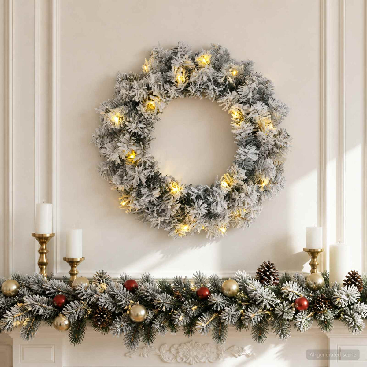 Christmas Wreath Green and White Dia. 50 cm PVC 25 LEDs