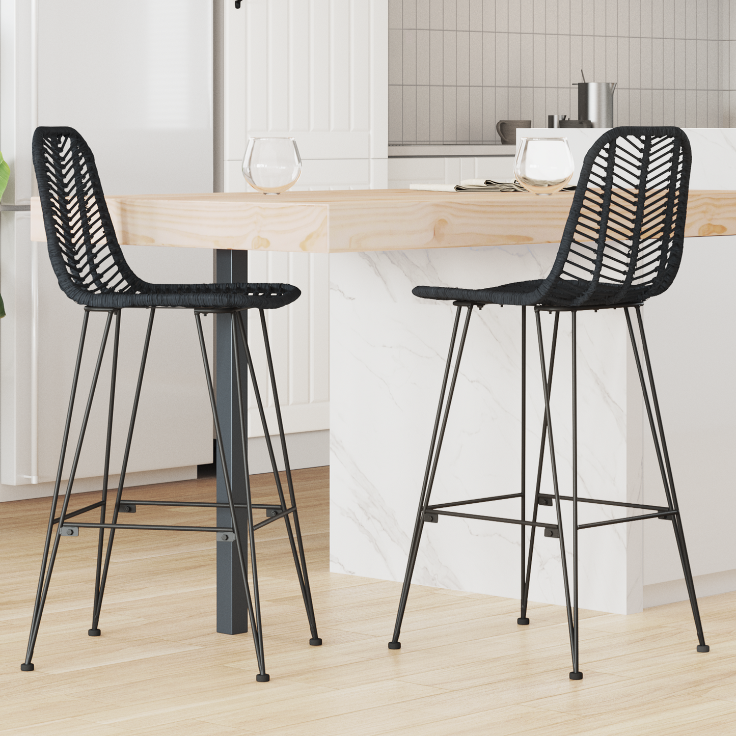 Bar Chair 2 pcs Black 44 x 52 x 111 cm Rattan and Iron