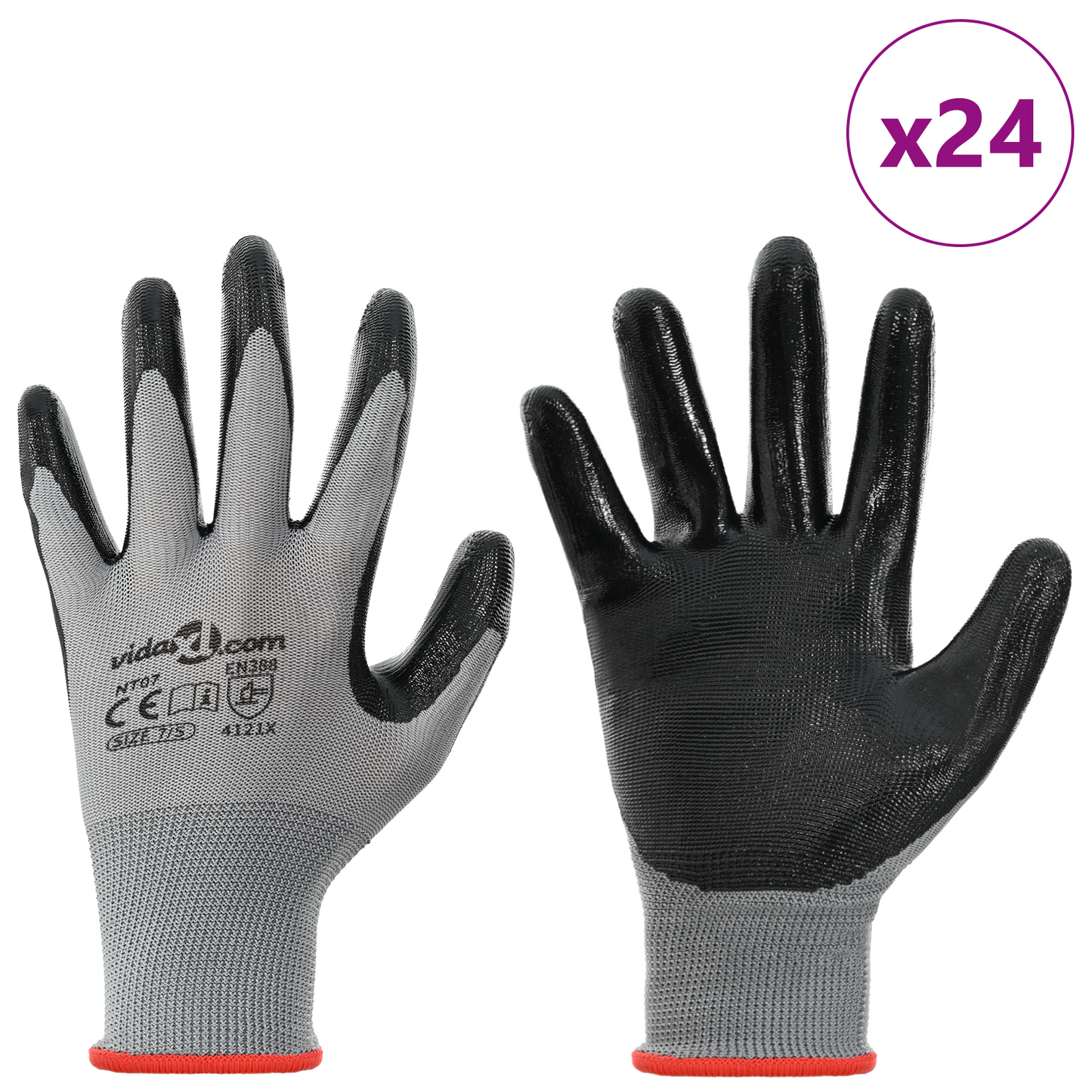 Work Gloves 24 pcs Grey and Black 7 / S Polyester