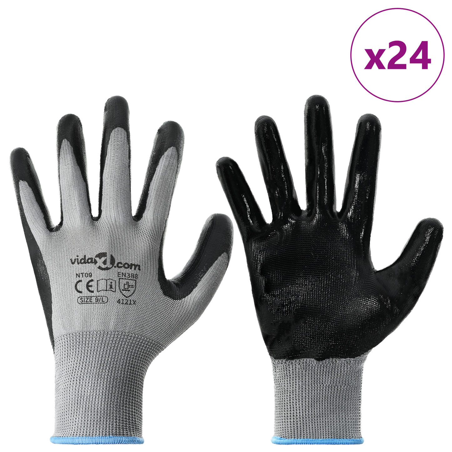 Work Gloves 24 pcs Grey and Black 9 / L Polyester