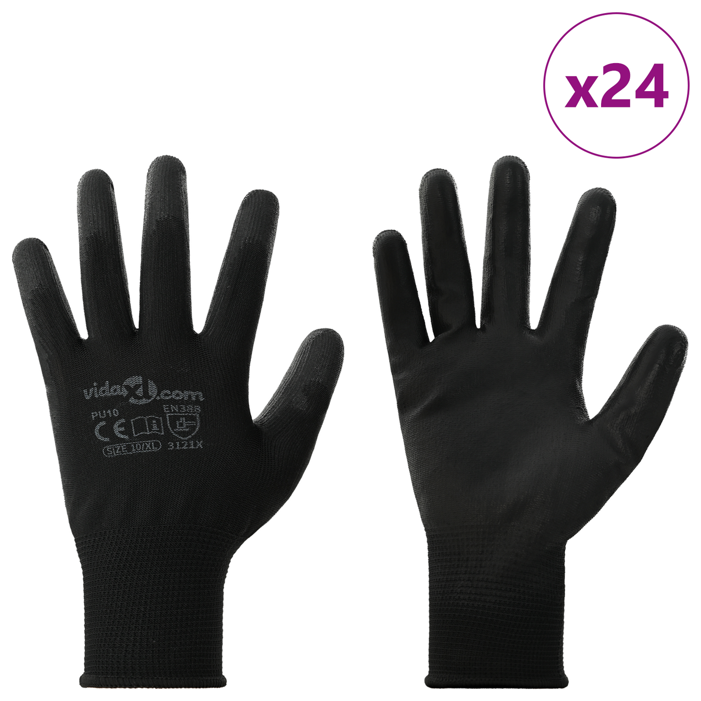 Work Gloves 24 pcs Black 10 / XL Polyester