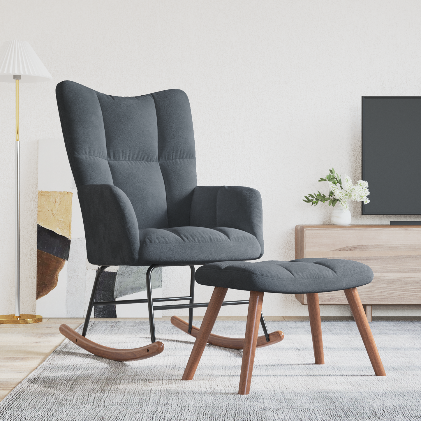 Rocking Chair with Footstool Dark Grey Velvet